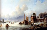 Skaters Canvas Paintings - A Winter Landscape With Numerous Skaters On A Frozen Waterway, Dordrecht In The Distance